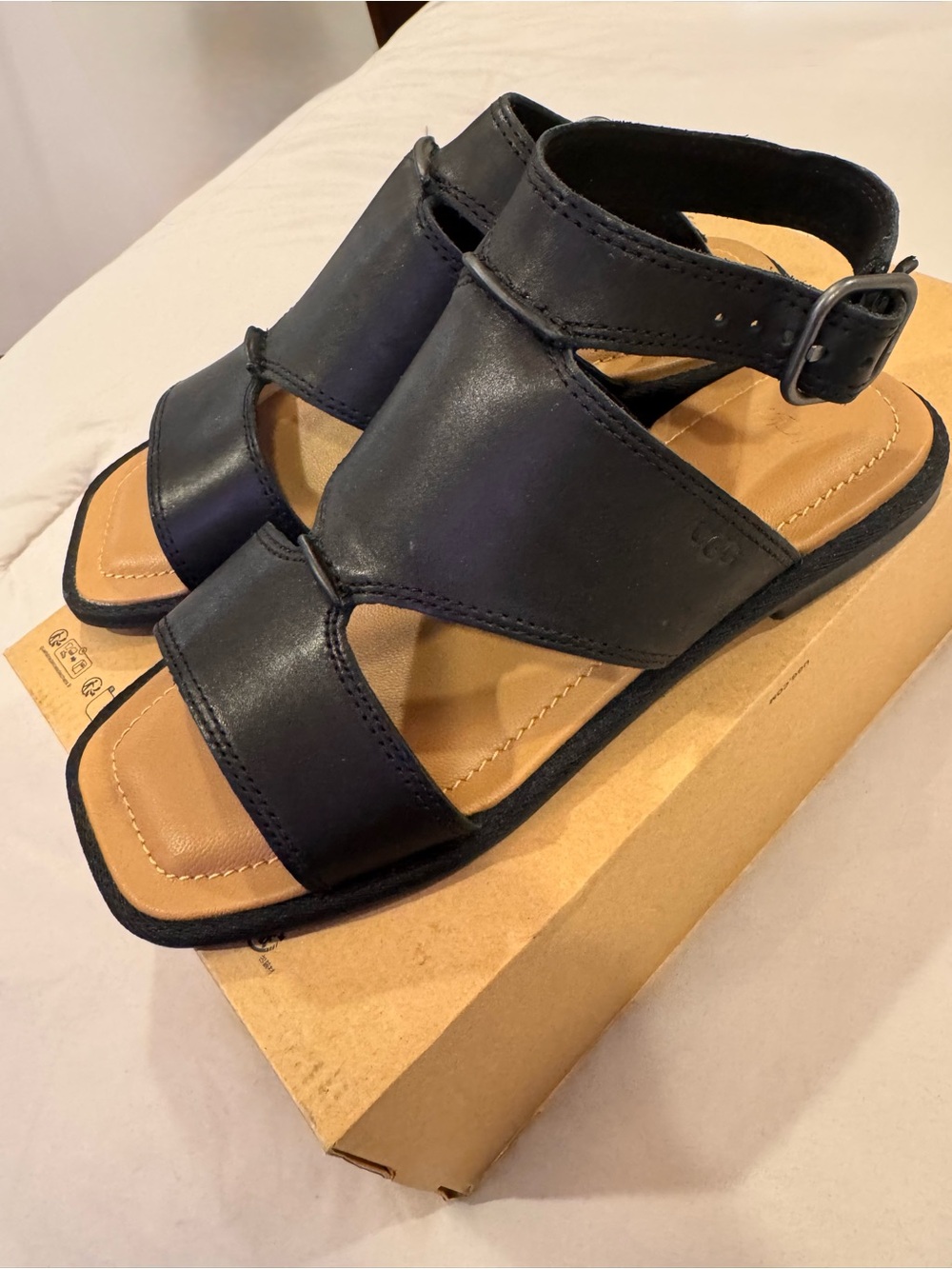 UGG Black Leather Square-Toe Slide Sandals with Tan Insole